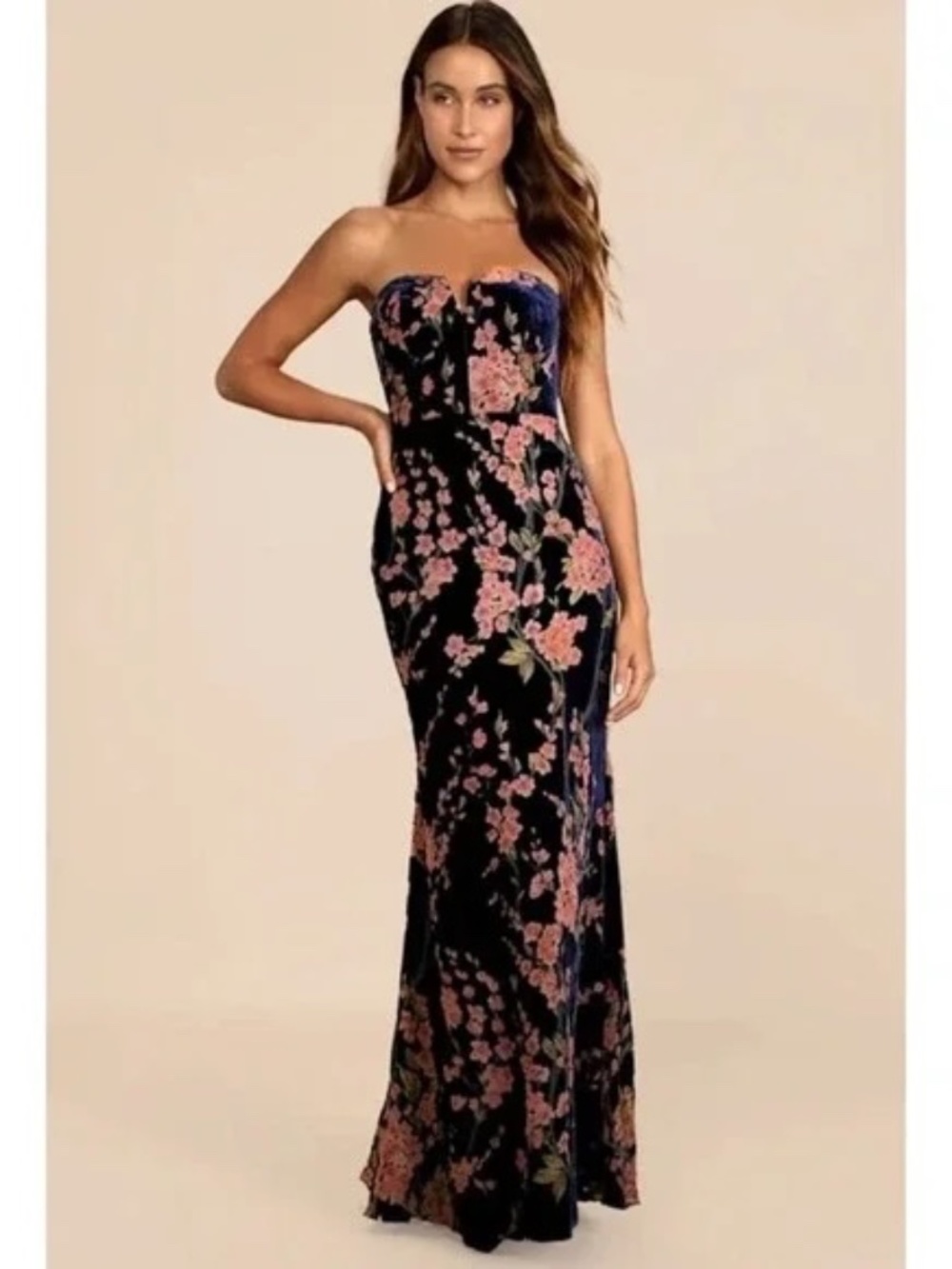Lulus Bloom In Mind Navy Blue Floral Print Velvet Strapless Maxi Dress‎ Medium
